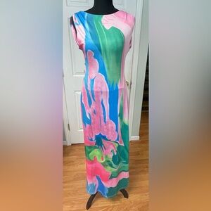 Commense Abstract Print Backless Maxi Dress Pink Blue Green Watercolor Size M